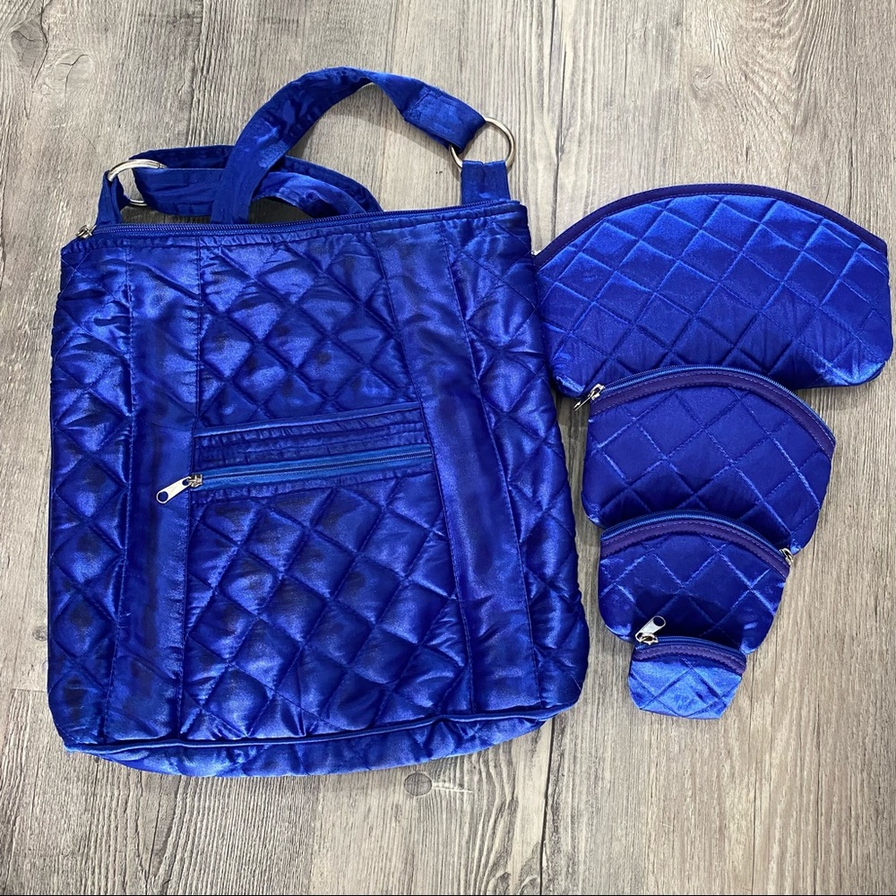 Quilted Crossbody Purse by Tavi Adjustable Strap Blue Satin 4 Smaller Zip Bags